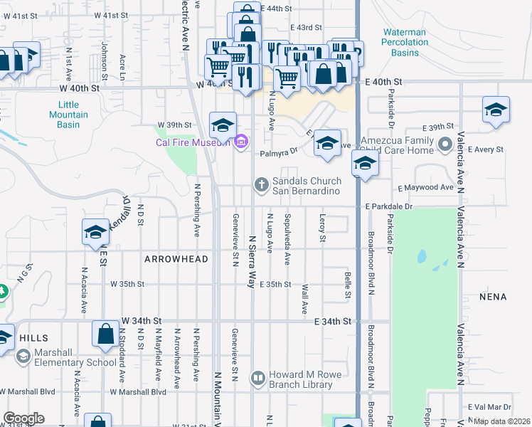 map of restaurants, bars, coffee shops, grocery stores, and more near 3688 North Lugo Avenue in San Bernardino