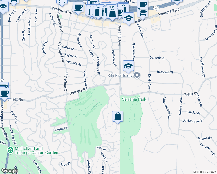 map of restaurants, bars, coffee shops, grocery stores, and more near 21006 Dumetz Road in Los Angeles