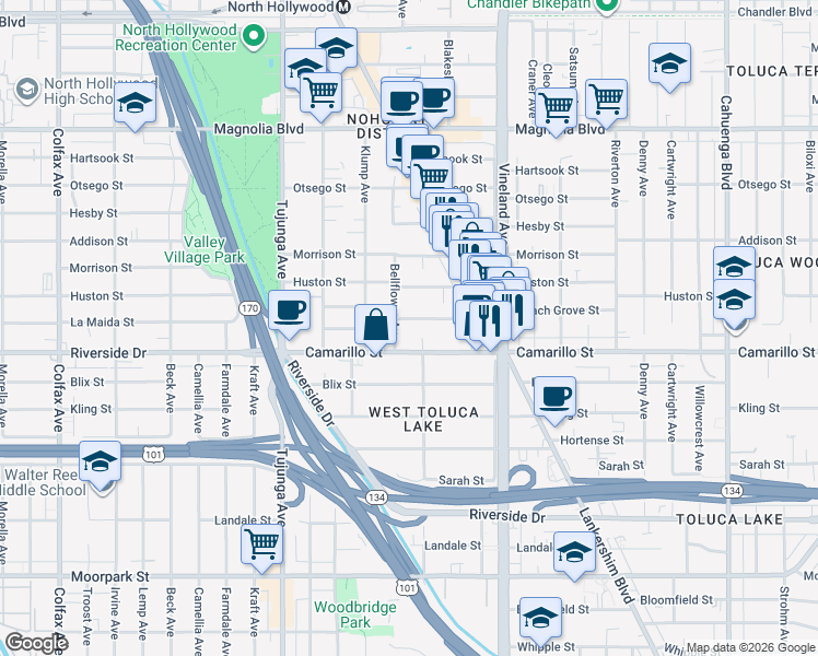 map of restaurants, bars, coffee shops, grocery stores, and more near 4820 Bellflower Avenue in North Hollywood