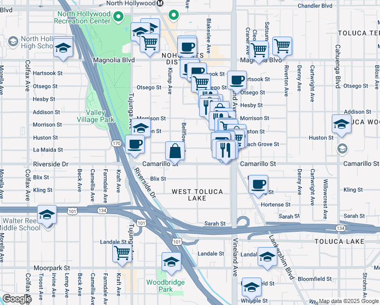 map of restaurants, bars, coffee shops, grocery stores, and more near 11151 Camarillo Street in Los Angeles
