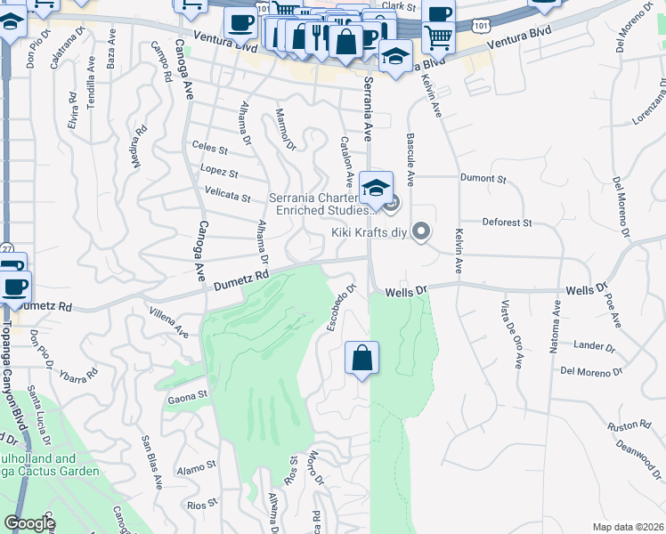 map of restaurants, bars, coffee shops, grocery stores, and more near 21006 Dumetz Road in Los Angeles