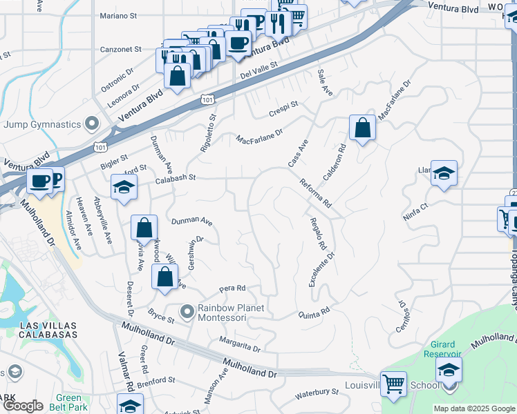 map of restaurants, bars, coffee shops, grocery stores, and more near 22666 Cavalier Street in Los Angeles