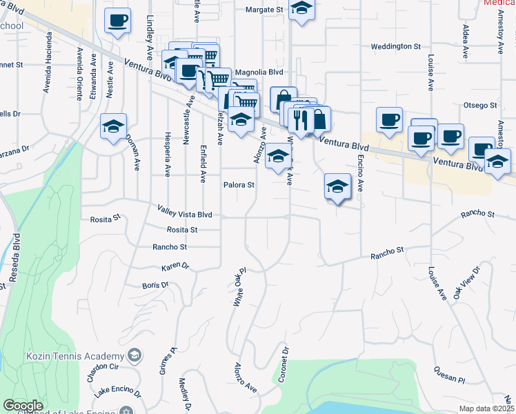 map of restaurants, bars, coffee shops, grocery stores, and more near 4854 Alonzo Avenue in Los Angeles