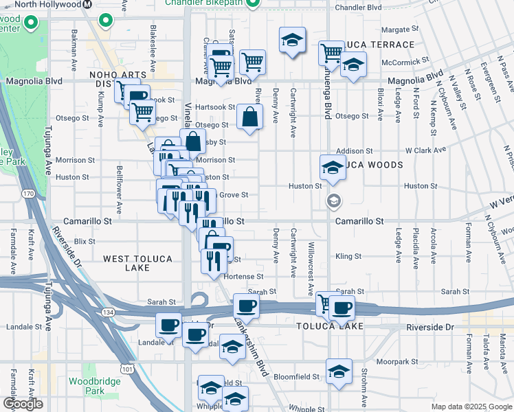 map of restaurants, bars, coffee shops, grocery stores, and more near 10815 Camarillo Street in Los Angeles