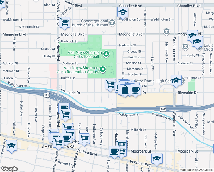 map of restaurants, bars, coffee shops, grocery stores, and more near 14141 Riverside Drive in Los Angeles