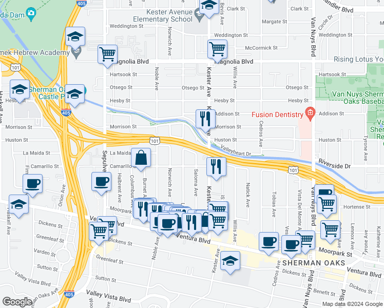 map of restaurants, bars, coffee shops, grocery stores, and more near 4829 Saloma Avenue in Los Angeles