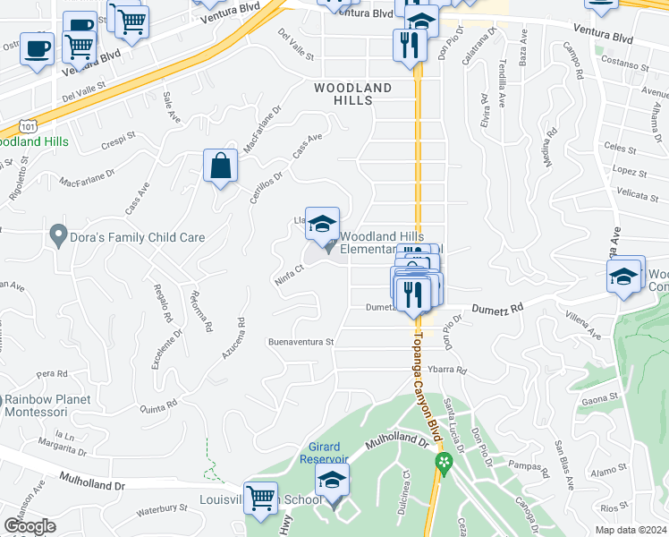 map of restaurants, bars, coffee shops, grocery stores, and more near 22164 San Miguel Street in Los Angeles