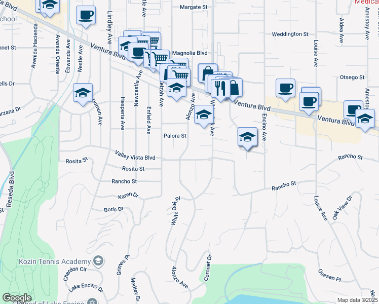 map of restaurants, bars, coffee shops, grocery stores, and more near 4854 Alonzo Avenue in Los Angeles