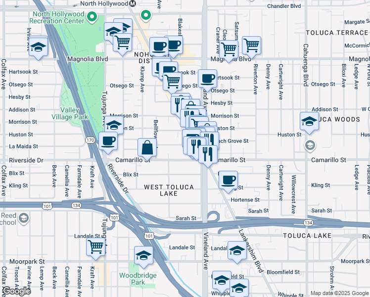 map of restaurants, bars, coffee shops, grocery stores, and more near 11042 La Maida Street in Los Angeles