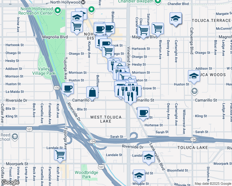 map of restaurants, bars, coffee shops, grocery stores, and more near 11042 La Maida Street in Los Angeles