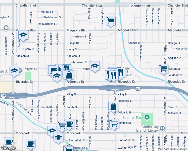 map of restaurants, bars, coffee shops, grocery stores, and more near 13061 Riverside Drive in Los Angeles