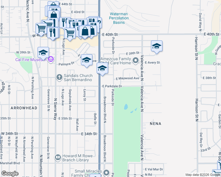 map of restaurants, bars, coffee shops, grocery stores, and more near 3694 Parkside Drive in San Bernardino