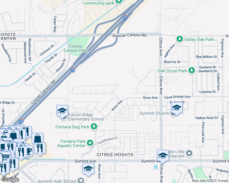 map of restaurants, bars, coffee shops, grocery stores, and more near 15726 Portenza Drive in Fontana