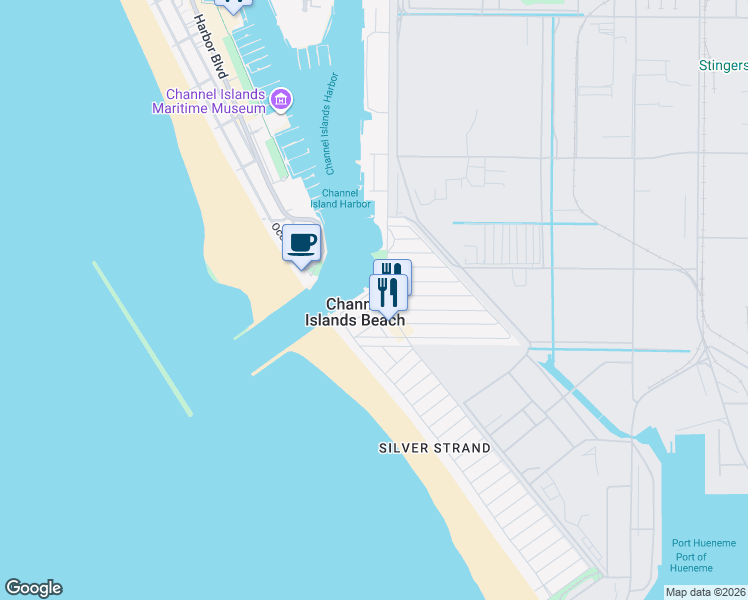 map of restaurants, bars, coffee shops, grocery stores, and more near 2525 Roosevelt Boulevard in Oxnard