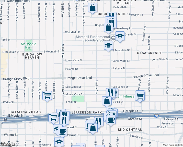 map of restaurants, bars, coffee shops, grocery stores, and more near 1641 East Orange Grove Boulevard in Pasadena