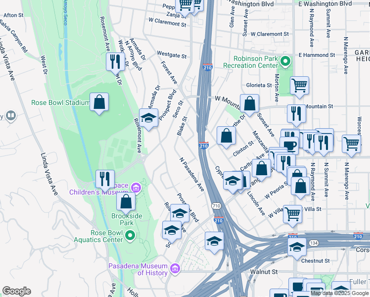 map of restaurants, bars, coffee shops, grocery stores, and more near 881 Winona Avenue in Pasadena