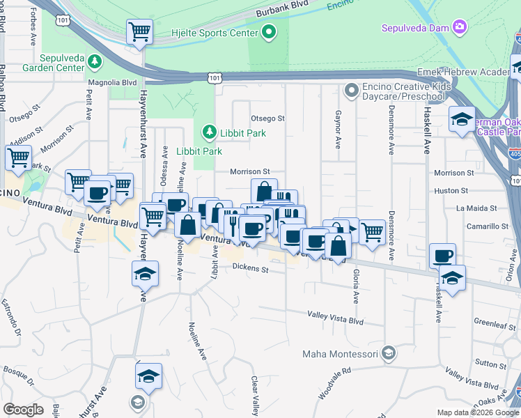 map of restaurants, bars, coffee shops, grocery stores, and more near 4841 Swinton Avenue in Los Angeles