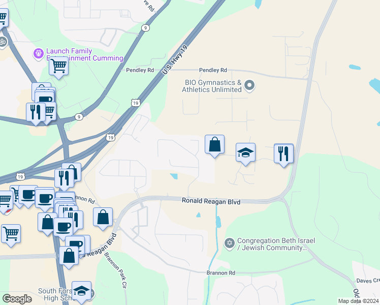 map of restaurants, bars, coffee shops, grocery stores, and more near 2710 Ronald Reagan Boulevard in Cumming