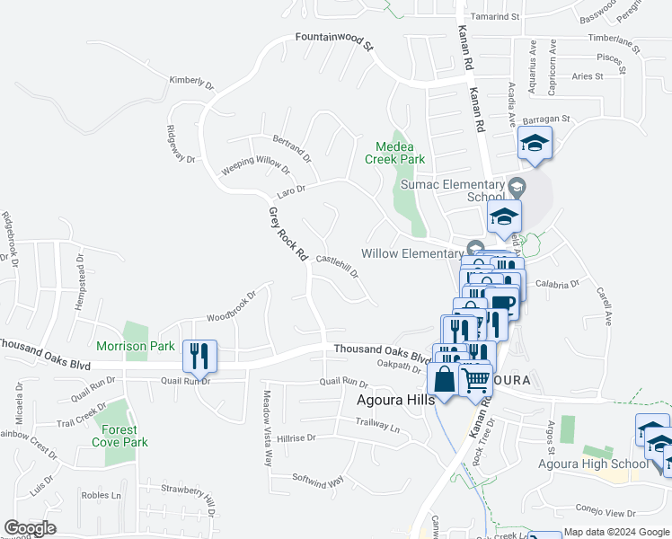 map of restaurants, bars, coffee shops, grocery stores, and more near 29360 Castlehill Drive in Agoura Hills