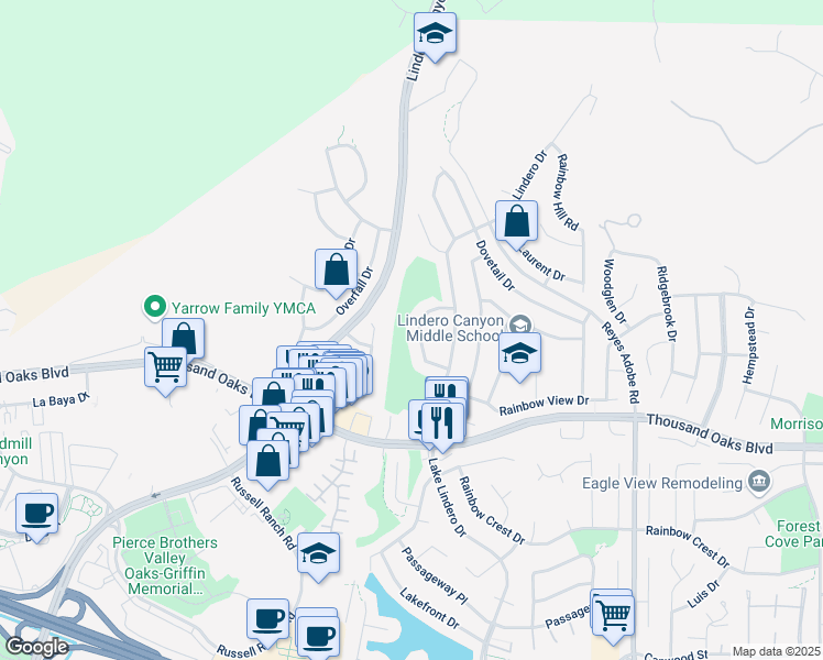 map of restaurants, bars, coffee shops, grocery stores, and more near 5842 Cape Horn Drive in Agoura Hills
