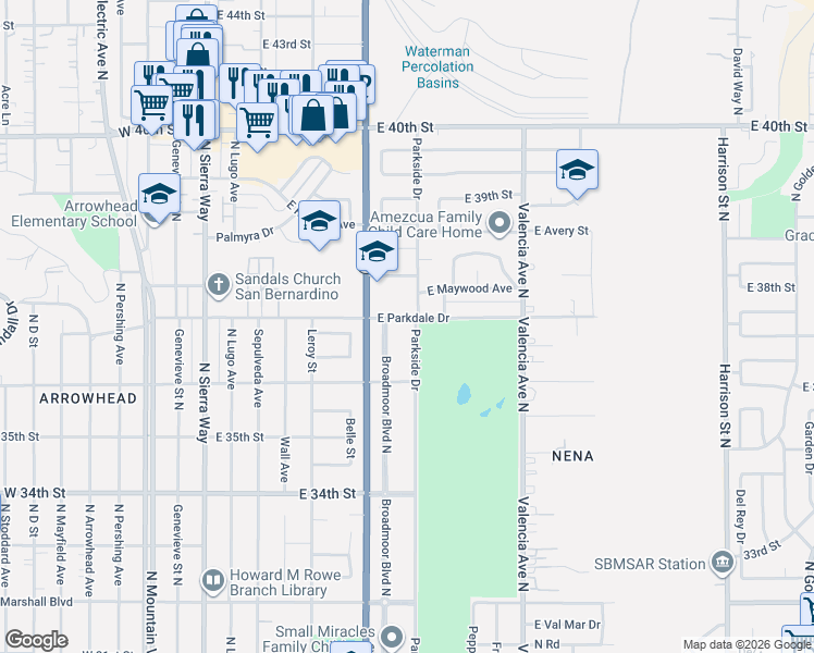 map of restaurants, bars, coffee shops, grocery stores, and more near 3694 Parkside Drive in San Bernardino