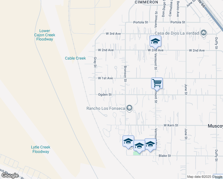 map of restaurants, bars, coffee shops, grocery stores, and more near 2560 Ogden Street in Muscoy