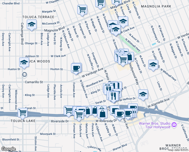 map of restaurants, bars, coffee shops, grocery stores, and more near 4314 Jacaranda Avenue in Burbank