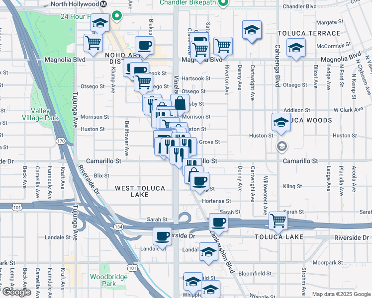 map of restaurants, bars, coffee shops, grocery stores, and more near 4817 Craner Avenue in Los Angeles