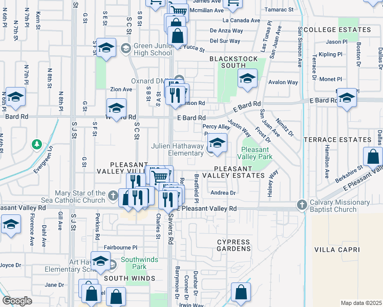 map of restaurants, bars, coffee shops, grocery stores, and more near 172 Fashion Park Place in Oxnard