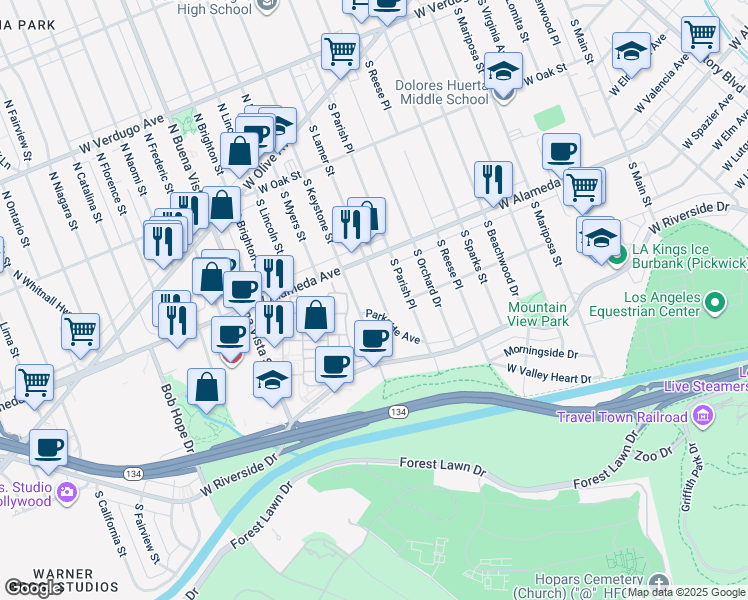 map of restaurants, bars, coffee shops, grocery stores, and more near 439 South Lamer Street in Burbank
