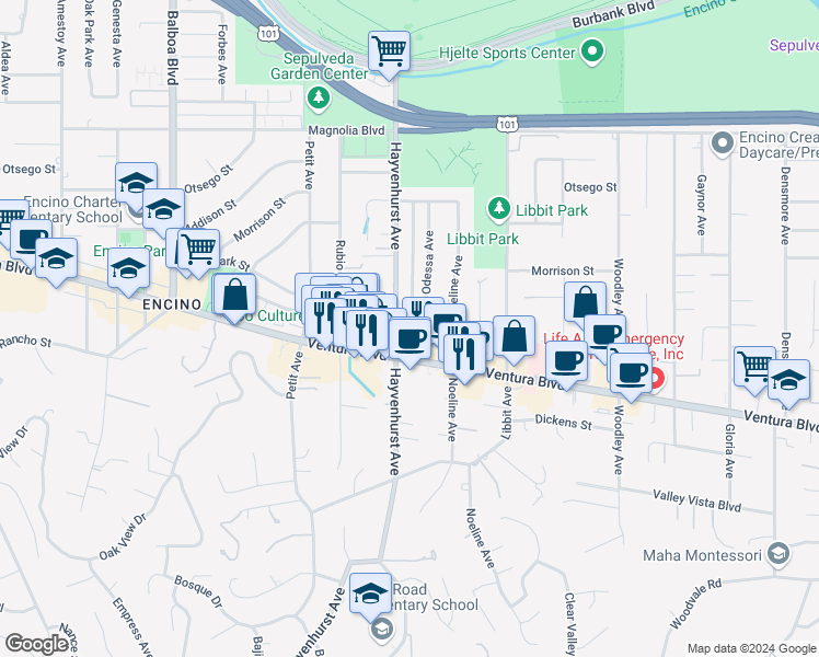 map of restaurants, bars, coffee shops, grocery stores, and more near 16446 Moorpark Street in Los Angeles