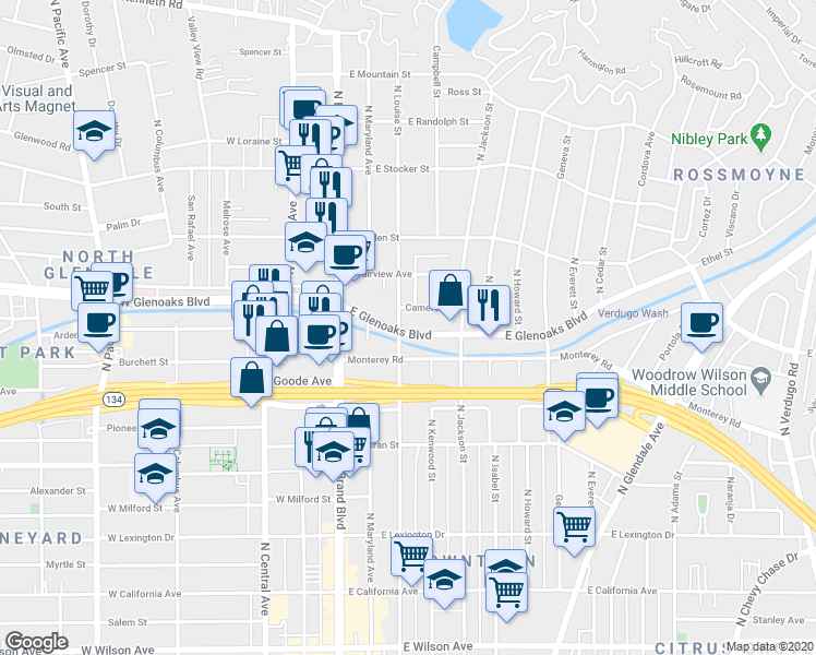 map of restaurants, bars, coffee shops, grocery stores, and more near 333 Monterey Road in Glendale