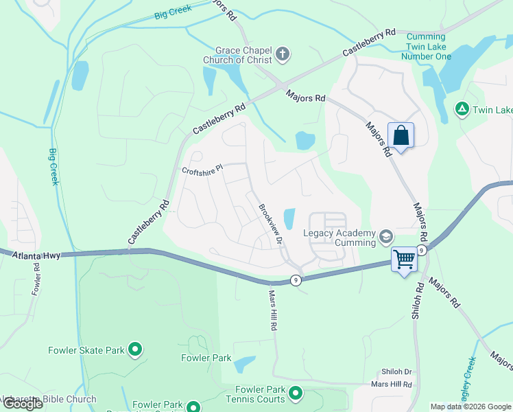 map of restaurants, bars, coffee shops, grocery stores, and more near 4105 Brookview Drive in Cumming