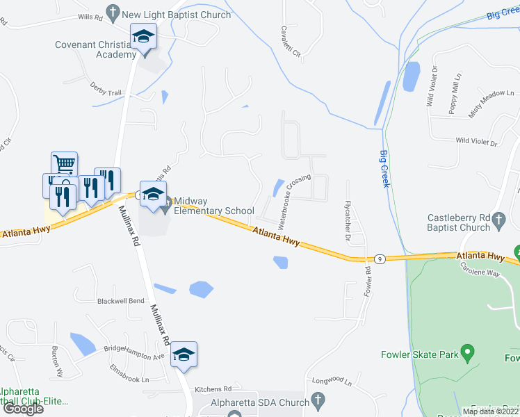 map of restaurants, bars, coffee shops, grocery stores, and more near 4835 Mistybrooke Court in Alpharetta