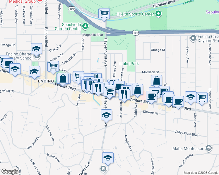 map of restaurants, bars, coffee shops, grocery stores, and more near 16446 Moorpark Street in Los Angeles