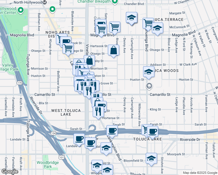 map of restaurants, bars, coffee shops, grocery stores, and more near 2 Satsuma Avenue in Los Angeles