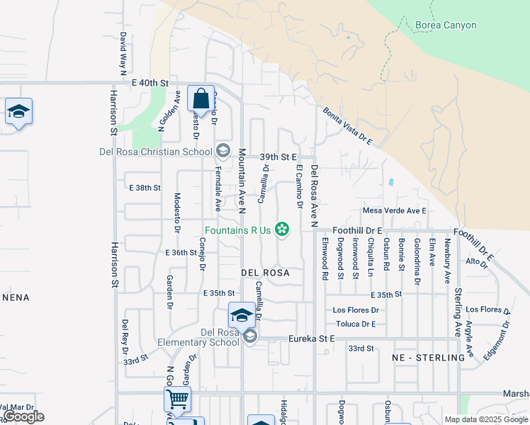 map of restaurants, bars, coffee shops, grocery stores, and more near 2345 Del Rosa Avenue North in San Bernardino
