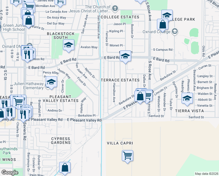 map of restaurants, bars, coffee shops, grocery stores, and more near 4614 Terrace Avenue in Oxnard