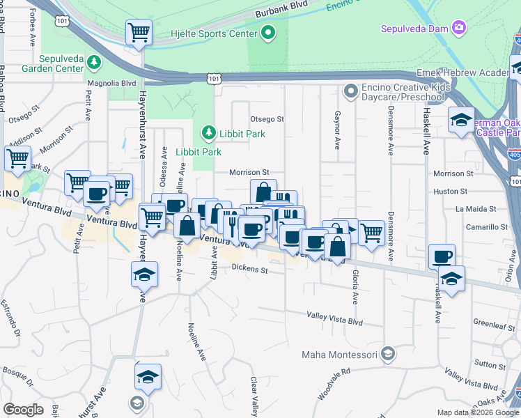 map of restaurants, bars, coffee shops, grocery stores, and more near 4841 Swinton Avenue in Los Angeles