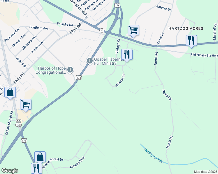 map of restaurants, bars, coffee shops, grocery stores, and more near 108 Balsam Lane in Greenwood