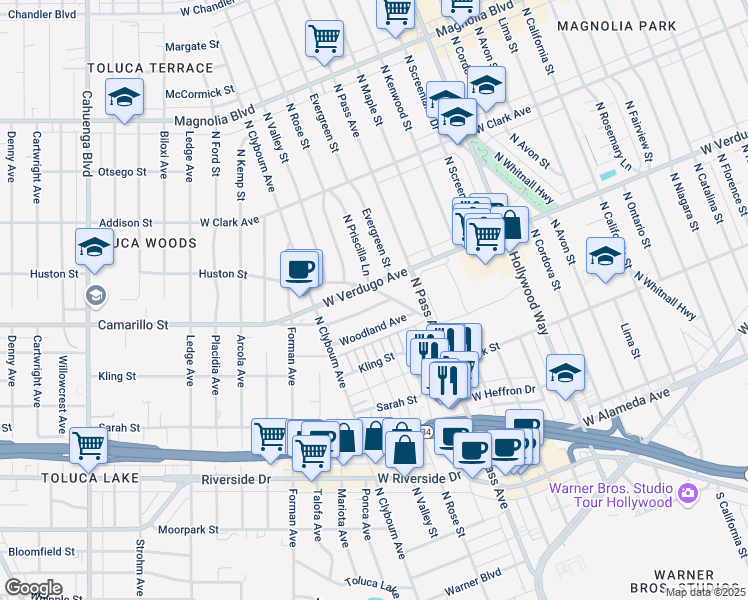 map of restaurants, bars, coffee shops, grocery stores, and more near 4314 Jacaranda Avenue in Burbank