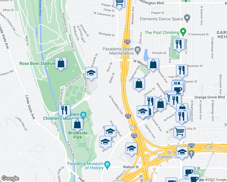 map of restaurants, bars, coffee shops, grocery stores, and more near 881 Winona Avenue in Pasadena