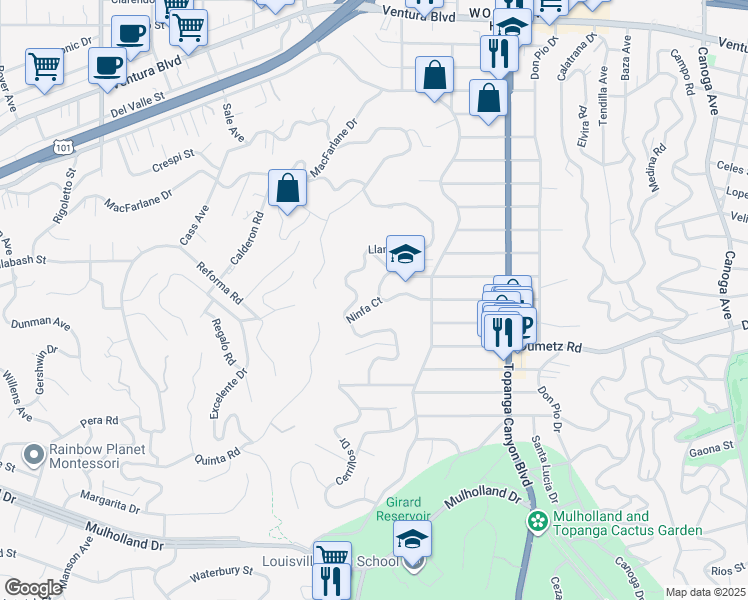 map of restaurants, bars, coffee shops, grocery stores, and more near 22224 San Miguel Street in Los Angeles