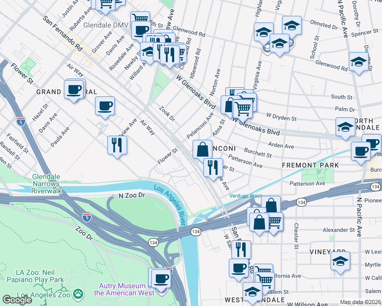map of restaurants, bars, coffee shops, grocery stores, and more near 5846 San Fernando Road in Glendale