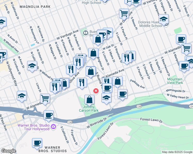 map of restaurants, bars, coffee shops, grocery stores, and more near 2600 West Alameda Avenue in Burbank