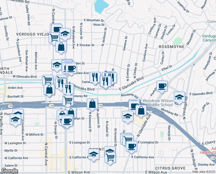 map of restaurants, bars, coffee shops, grocery stores, and more near 500 East Glenoaks Boulevard in Glendale