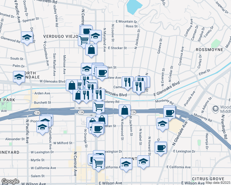 map of restaurants, bars, coffee shops, grocery stores, and more near 301 East Glenoaks Boulevard in Glendale