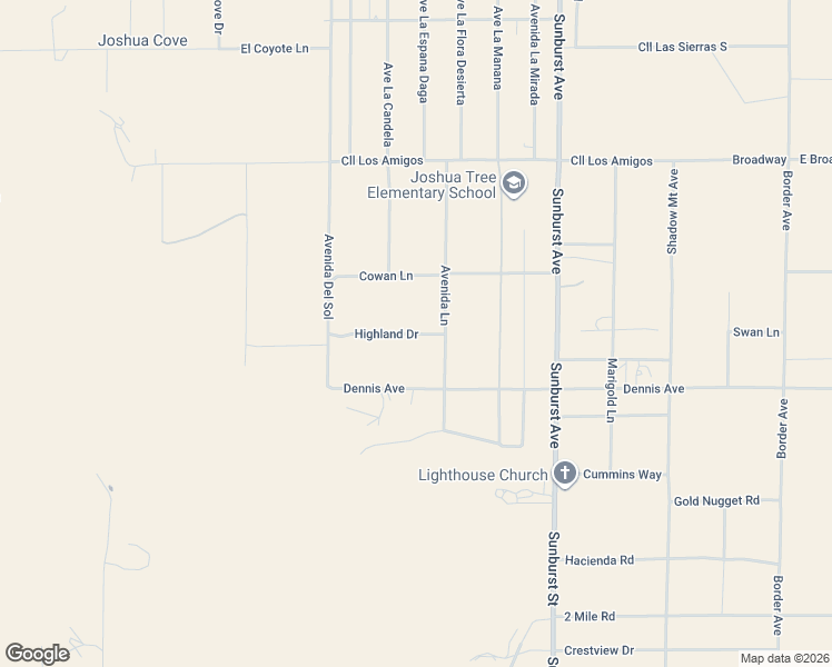 map of restaurants, bars, coffee shops, grocery stores, and more near 61830 Highland Drive in Joshua Tree