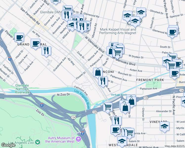 map of restaurants, bars, coffee shops, grocery stores, and more near 5820 San Fernando Road in Glendale