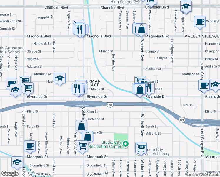 map of restaurants, bars, coffee shops, grocery stores, and more near 12727 La Maida Street in Los Angeles